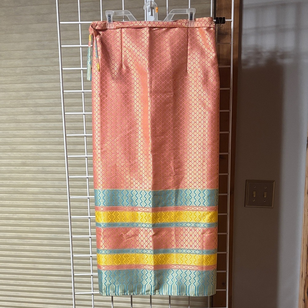 Woman’s Peach, Blue and Yellow Silk Fabric Sarong Thai Wrap Skirt